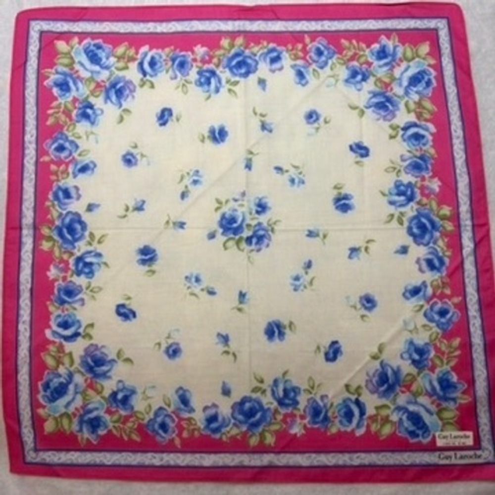 Vtg GUY LAROCHE Scarf Handkerchief Floral Cotton Pink Blue 17.5"